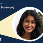 Navy blue background has diamonds and starbursts. A spotlight icon shines on a circular image of Ciera Thomas. A label read "In the spotlight." Below the label is the text "Ciera Thomas."
