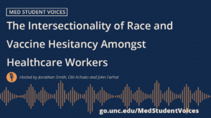 Orange sound waveform on navy background. White label reads Med Student Voices. White text reads "The intersectionality of race and vaccine hesitancy amongst healthcare workers." The podcast hosts and URL are included.