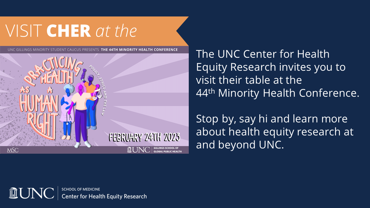 Dark blue slide with an orange banner and a screenshot of the Minority Health Conference banner. The banner reads "Visit CHER at the Minority Health Conference." White text reads "The UNC Center for Health Equity Research invites you to visit their table at the 44th Minority Health Conference. Stop by, say hi and learn more about health equity research at and beyond UNC."