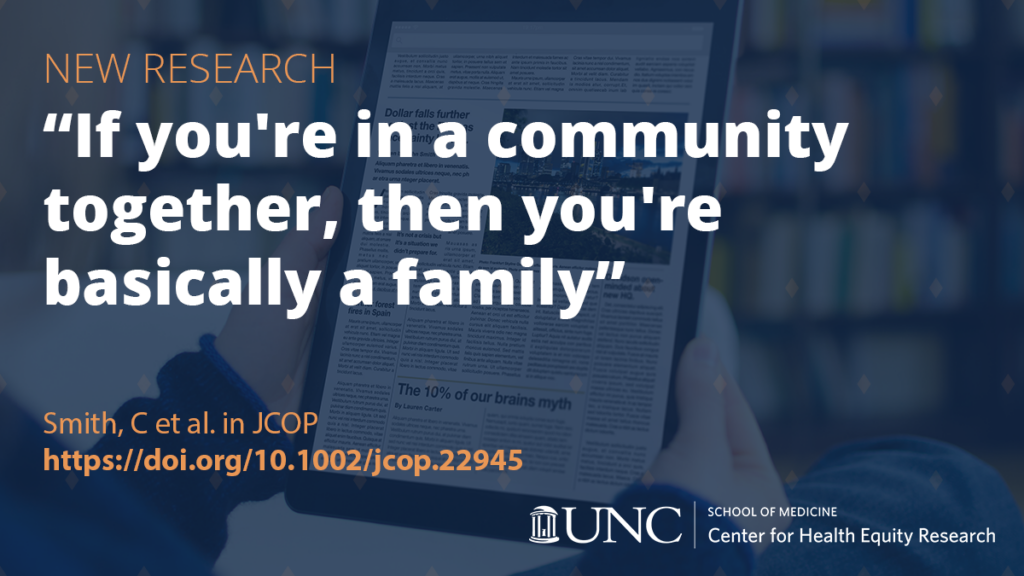 A photo of two white hands holding a tablet with a news story is overlaid with semi-opaque navy. An orange label reads "new research" over white text that reads "'If you're in a community together, then you're basically a family'." Orange text under the main white title reads "Smith, C et al. in JCOP" and includes the URL https://doi.org/10.1002/jcop.22945.
