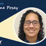 Navy blue background has diamonds and starbursts. A spotlight icon shines on a circular image of Airianne Posey. A label read "In the spotlight." Below the label is the text "Airianne Posey."
