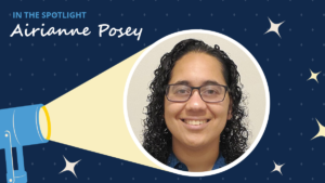 Navy blue background has diamonds and starbursts. A spotlight icon shines on a circular image of Airianne Posey. A label read "In the spotlight." Below the label is the text "Airianne Posey."