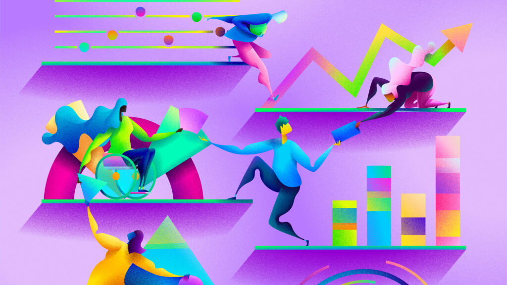Adobe stock graphic. Leadership as a brightly colored illustration showing people sharing information and resources across levels and siloes in a collaborative way to advance health equity.