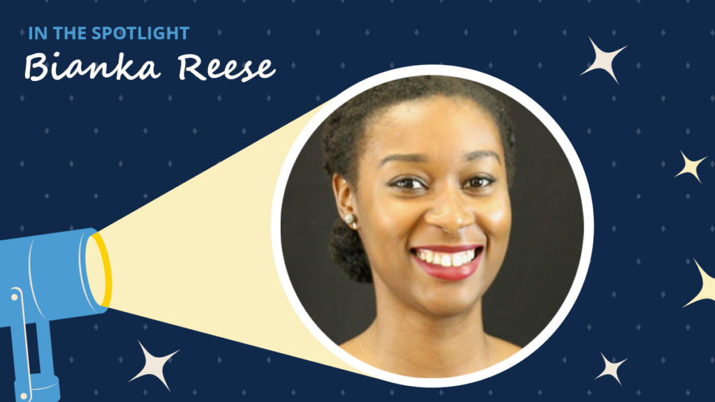Navy blue background has diamonds and starbursts. A spotlight icon shines on a circular image of Bianka Reese. A label reads "In the spotlight." Below the label is the text "Bianka Reese."