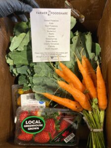 An overhead view into a box of produce. A gloved hand holds a list of contents of the box.