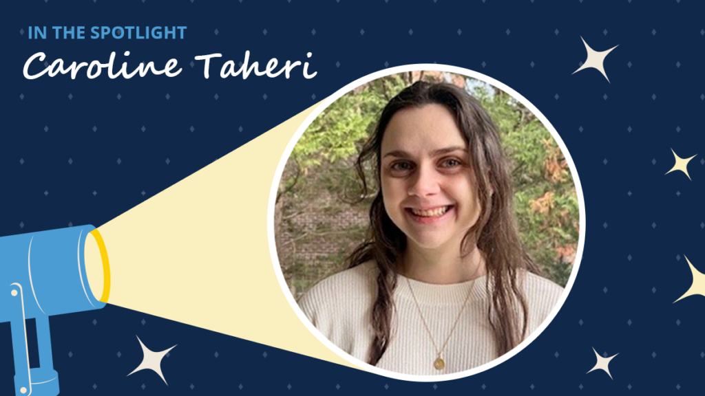 Navy blue background has diamonds and starbursts. A spotlight icon shines on a circular image of Caroline Taheri. A label reads "In the spotlight." Below the label is the text "Caroline Taheri."