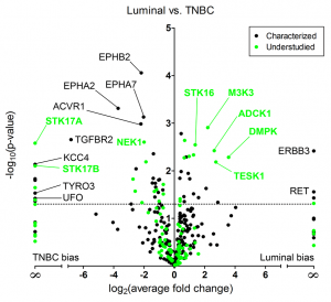a plot chart shows the relation between characterized and uncharacterized kinases as part of a breast cancer research project