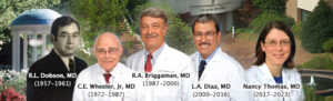 Individual photos of faculty member R.L. Dobson, MD (1957) and former Chairs of Dermatology C.E. Wheeler, Jr. MD (1972-1987), R.A Briggaman, MD (1987-2000), L.A. Diaz, MD (2000-2016), and Nancy Thomas, MD (2017-2023) set in front of UNC's Old Well and campus.