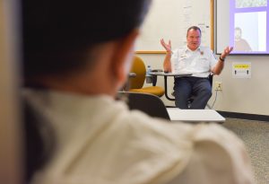 Town of Chapel Hill Fire Chief Matt Sullivan spoke with students in the Division of Clinical Rehabilitation and Mental Health Counseling in October 2018.