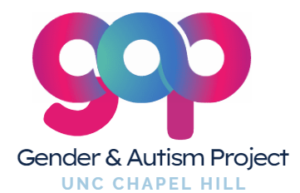 GAP Logo. Pink and blue letters looped into a triple infinity sign read GAP. Below in blue text Gender and Autism Project, UNC Chapel Hill.