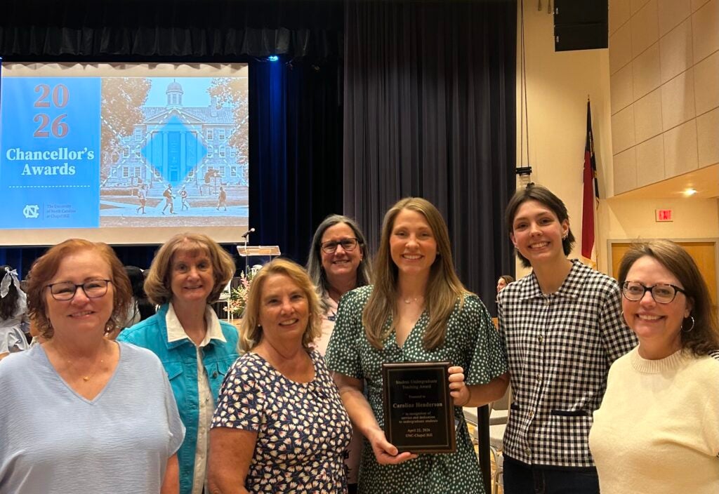 Caroline Henderson at ceremony when she received a teaching award. Pictured with her mom, Dr. Susan Beck, Dr. Vicky LeGrys, Susan Taylor, Tara Moon, and CLS student, Kendall Reinbeck