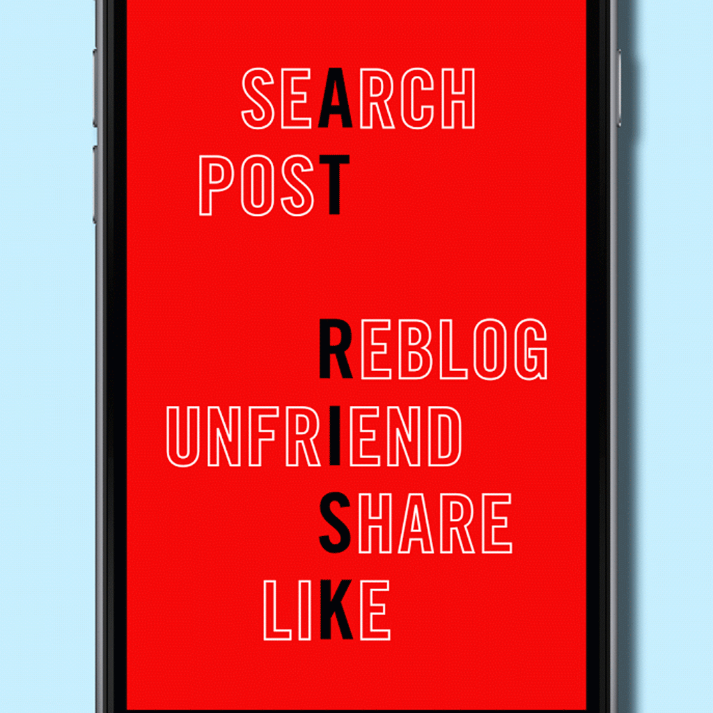 A phone with a red screen displays the words: "Search. Post. Reblog. Unfriend. Share. Like." The words are arranged vertically with the letters spelling "at risk" in bold black print.