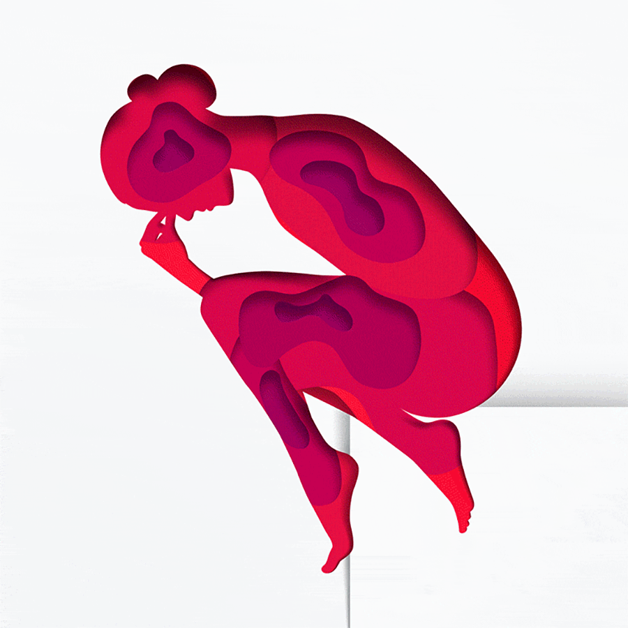The red silhouette of a woman sitting pulses in pink and purple, suggesting that she is in pain