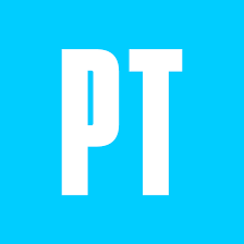 The letters "PT" are in a bold, white, sans-serif font and pop against a bright turquois background.