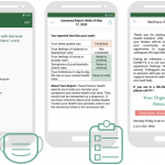 Three screenshots from UNC's Heroes Health app: This leftmost is of a question about the user's comfort with the level of PPE supplies at their workplace. The middle screenshot is of an in-app mental health report. The rightmost is of an in-app resources page.