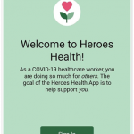Screen reading "Welcome to Heroes Health" with a green button reading "sign in".