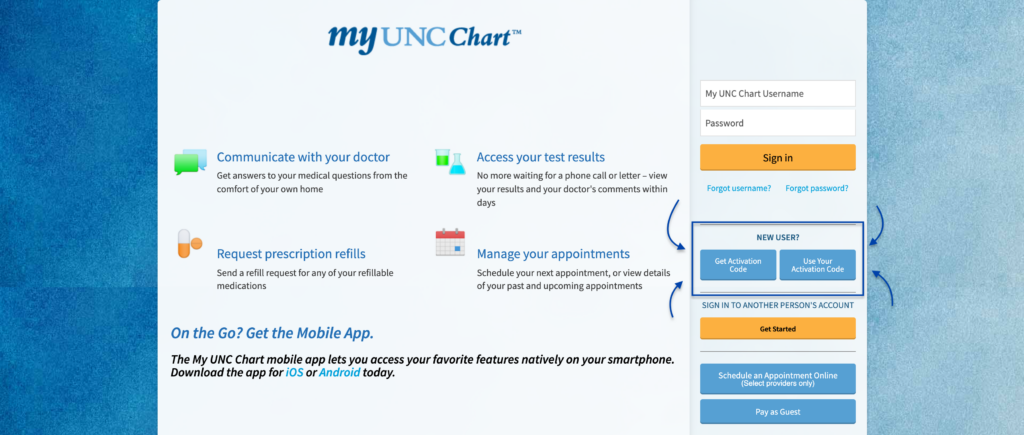 a screenshot of the My UNC Chart Login Screen