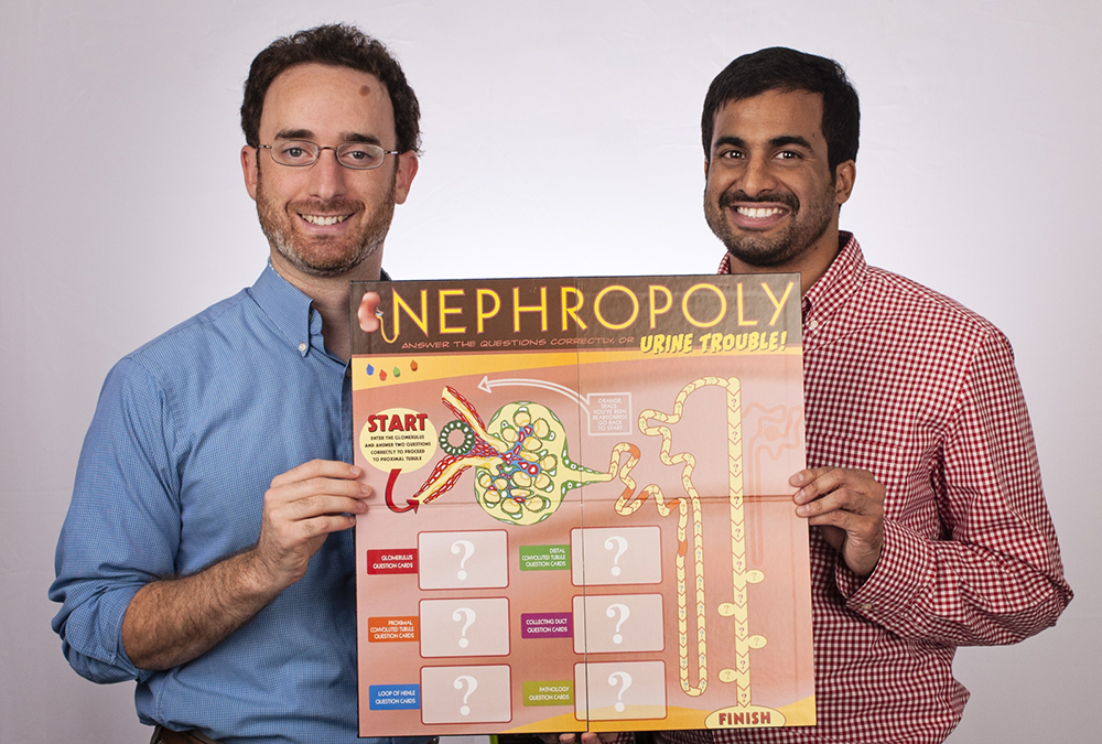 Drs. Dorey Glenn and Akhil Hegde with their ASN award-winning Nephropoly game.