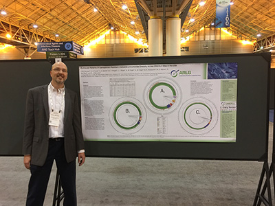 CRACKLE Principal Investigator David van Duin, MD, PhD, stands with the group's poster about Carbapenem-resistant Klebsiella pneumoniae during the 2017 American Society for Microbiology conference in New Orleans.