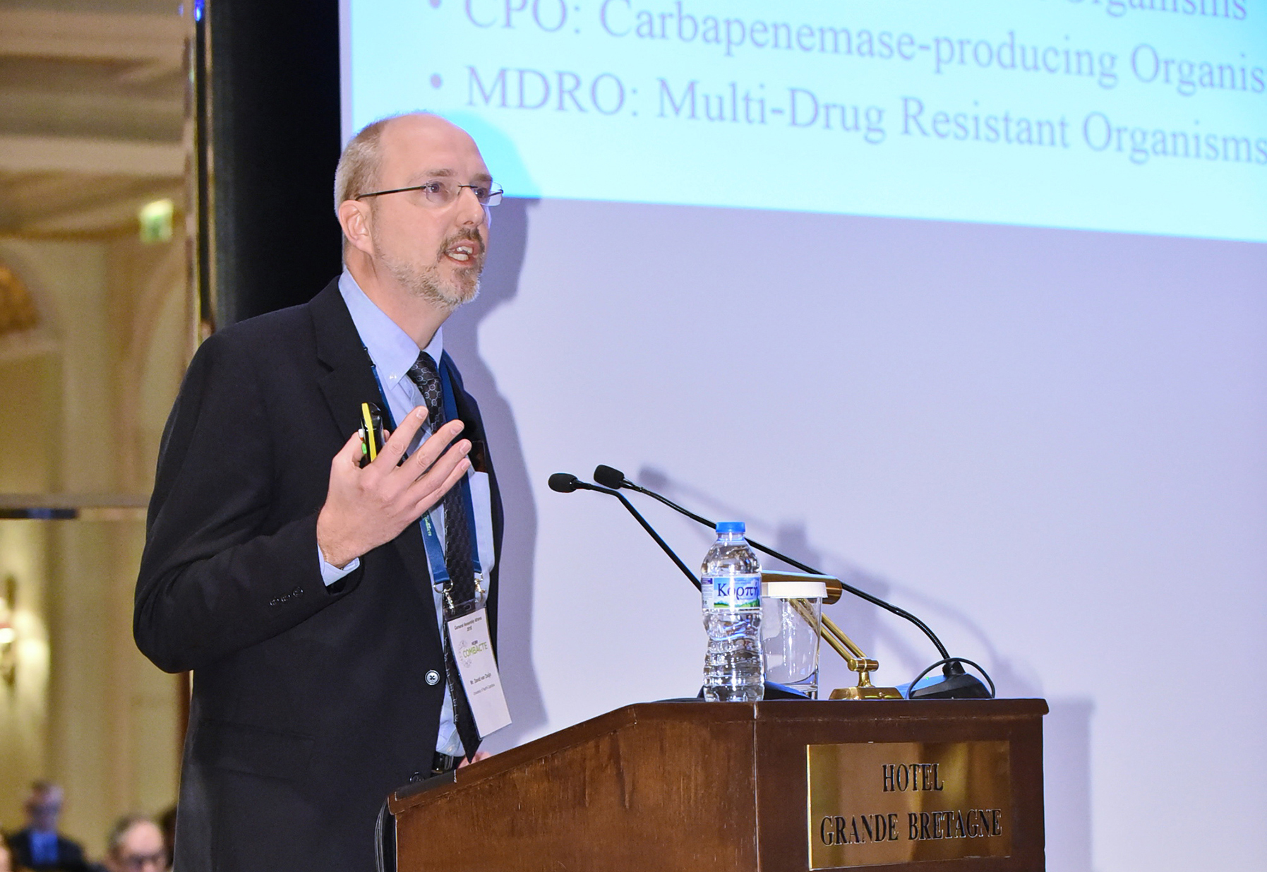 David van Duin, MD, PhD, presents during Combatting Bacterial Resistance in Europe (COMBACTE) in Athens in 2018.