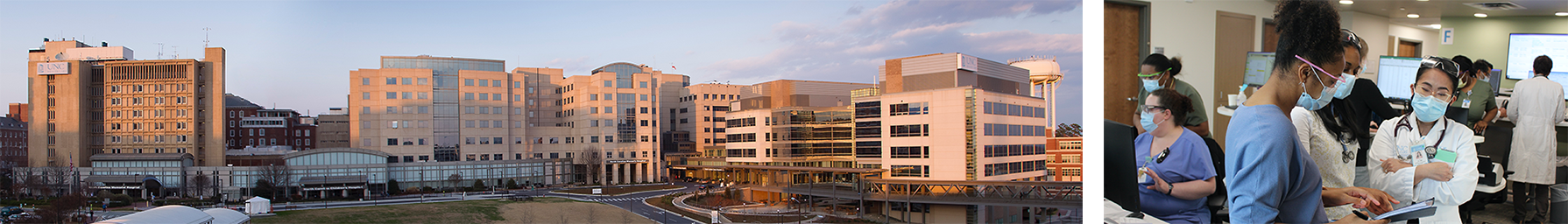 Landscape photo of UNC School of Medicine buildings and students