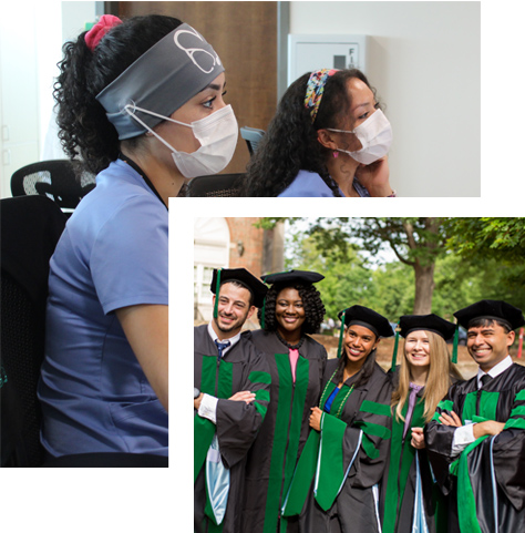 Photo collage of medical students graduation ceremony and medical staff wearing surgical masks.
