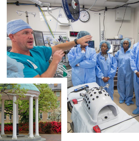Photo collage of UNC's Old Well and a doctor teaching medical students.