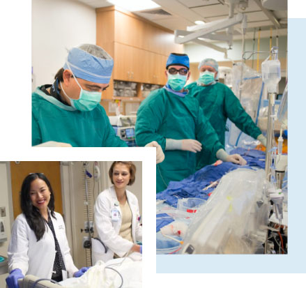 Photo collage of doctors performing surgery and students in a hospital room.