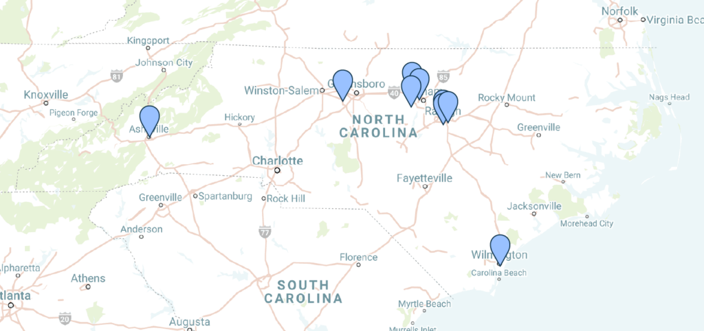 Image map with pins to various cities including Asheville, Burlington, Cary, Carrboro, Durham, Eden, Fayetteville, Greenville, Hillsborough, Lumberton, Mebane, Pittsboro, Raleigh, Rocky Mount, Rockingham, Roxboro, Sanford, Siler City, Yanceyville, and Wilmington