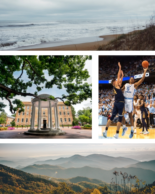 Photo collage of the beach, the Old Well, UNC basketball, and the mountains.