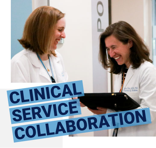 Two happy doctors with a text overlay of Clinical Service Collaboration.