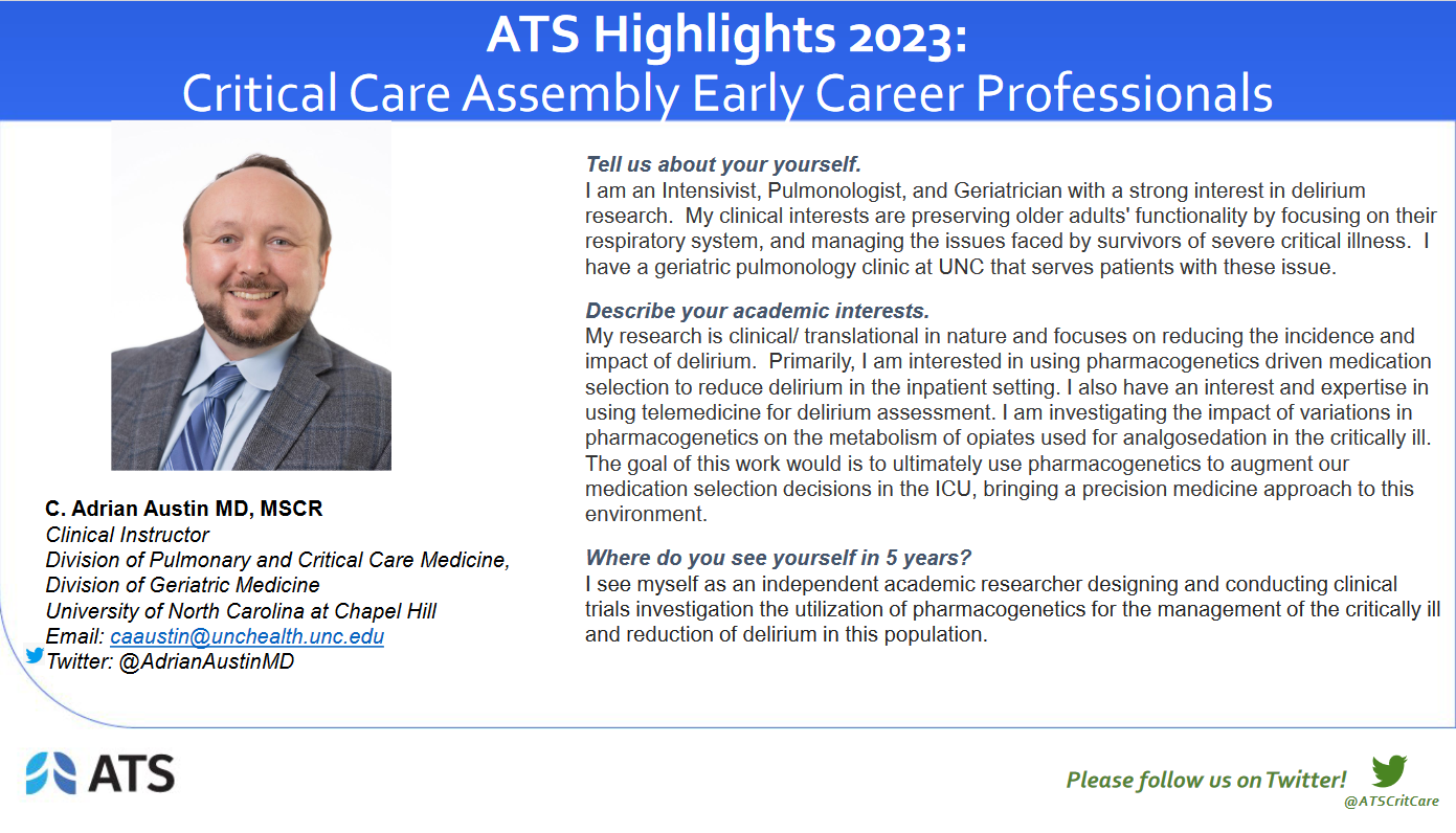 A blurb about Dr. Adrian Austin, recognized by the American Thoracic Society Critical Care's Early Career Highlights program 