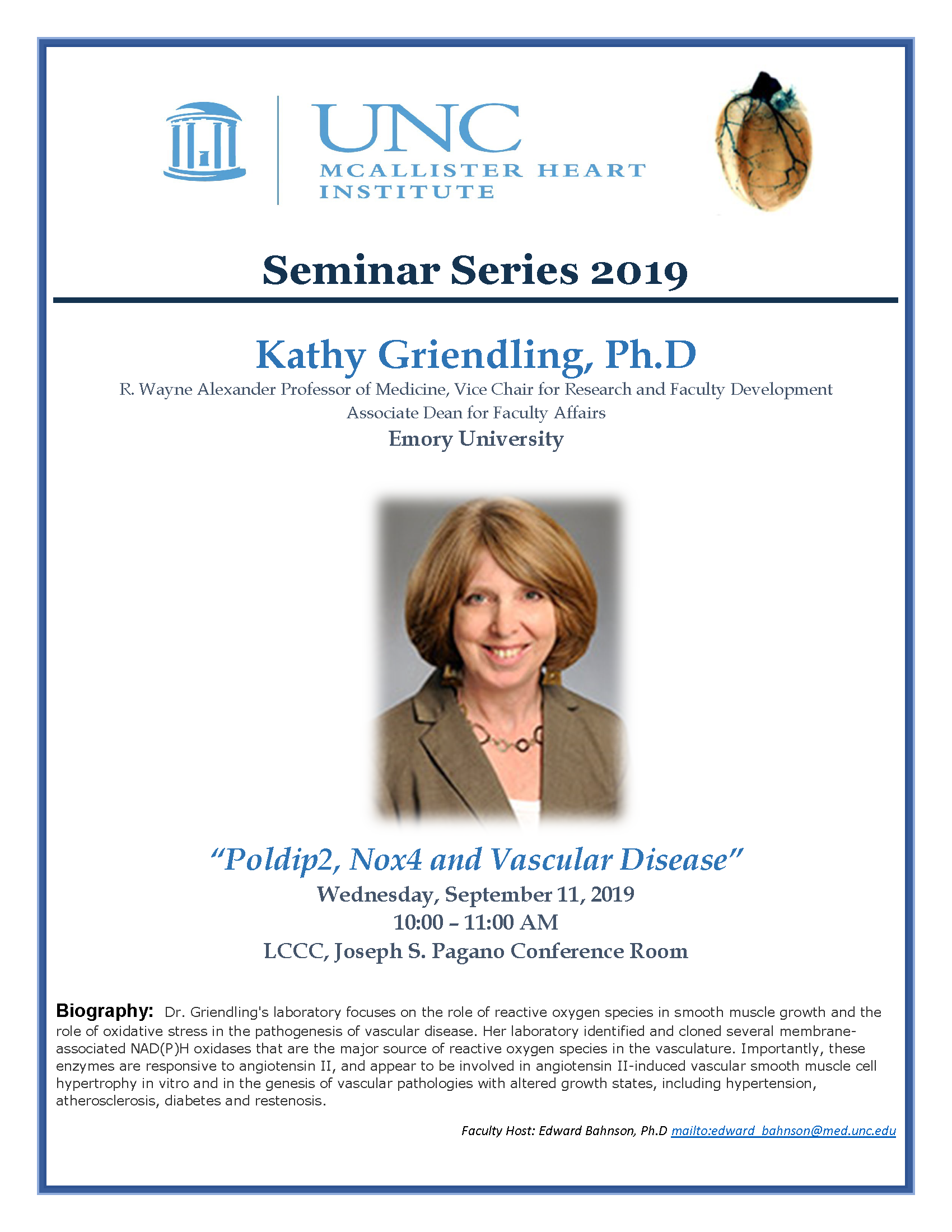 Kathy Griendling, Ph.D. MHI Seminar Flyer
