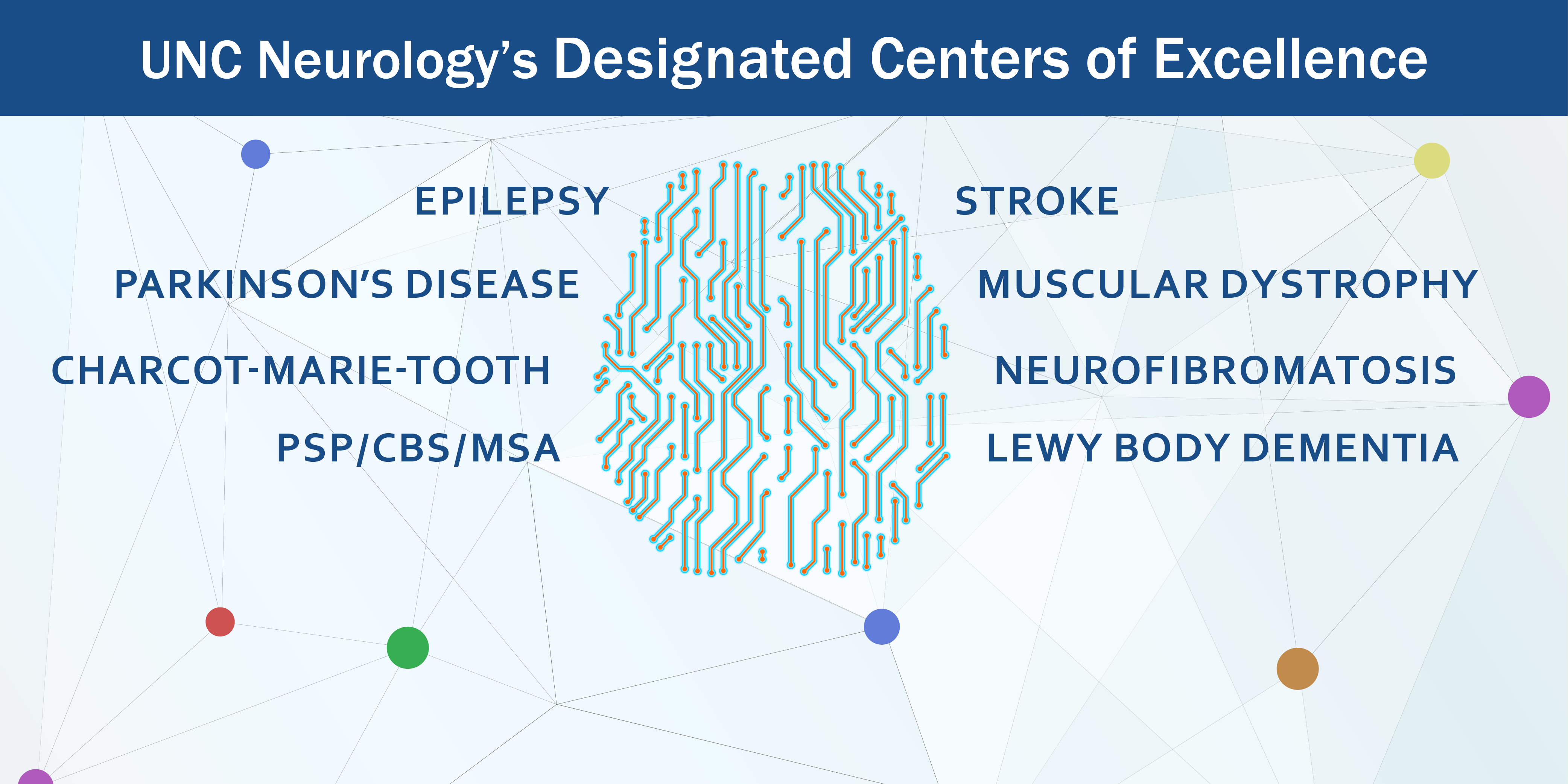 UNC Neurology's Designated Centers of Excellence includes epilepsy, Parkinson's disease, Charcot-Marie-Tooth, PSP, stroke, muscular dystrophy, neurofibromatosis, Lewy Body dementia 