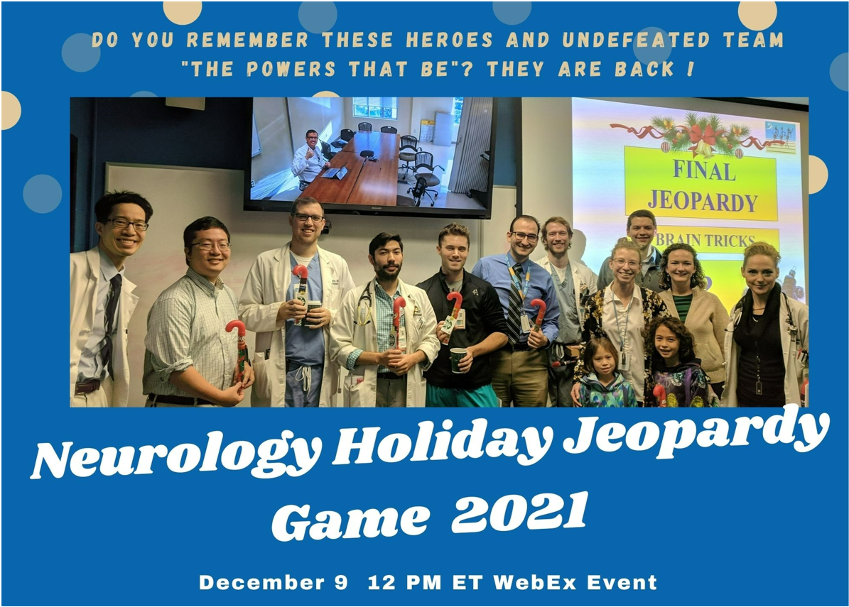 Group of smiling doctors and residents holding candy canes during Neurology Holiday Jeopardy.