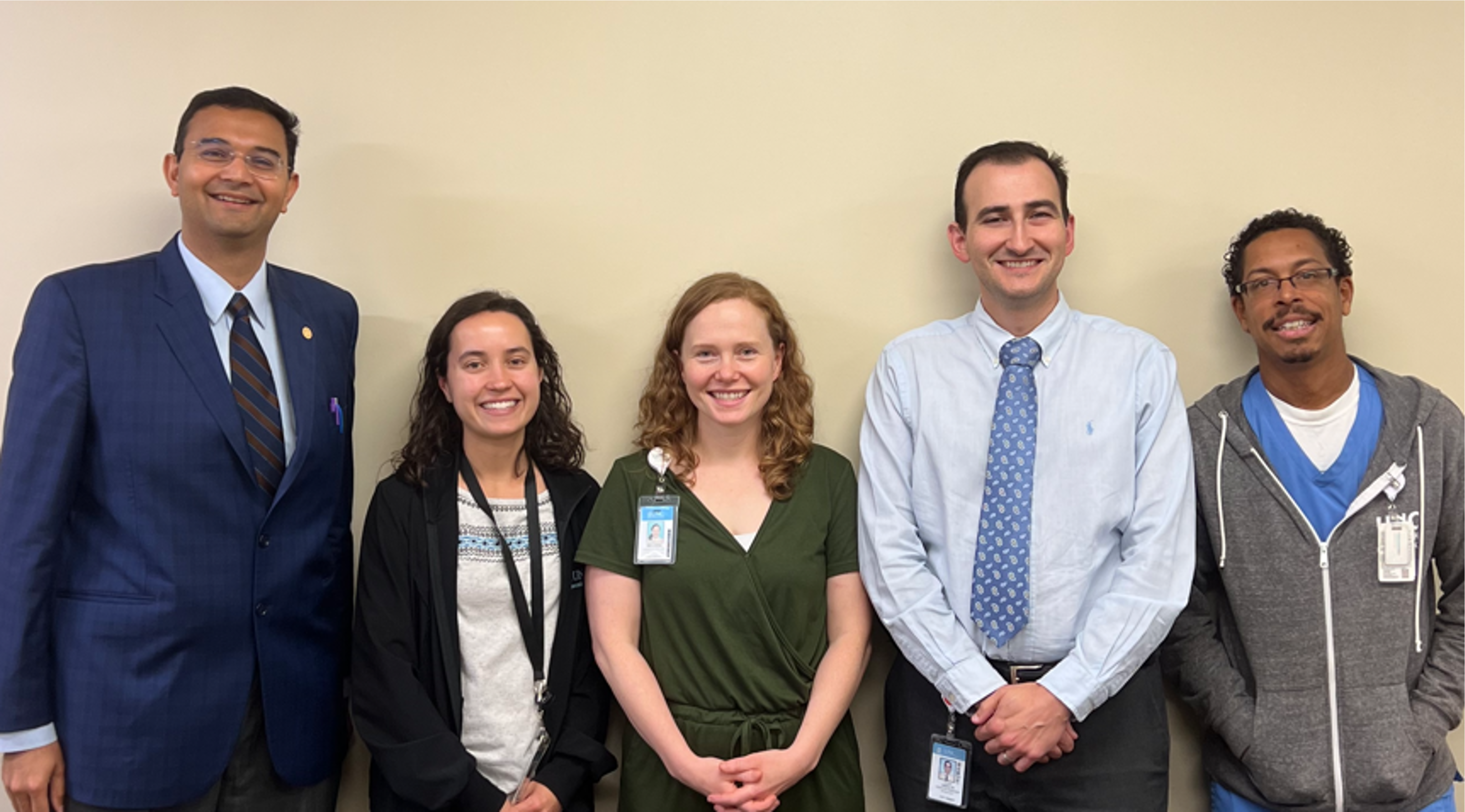 UNC Chapel Hill Tremor Interdisciplinary Clinic team members. From left: Vibhor Krishna, MD; Jessica Ferrall, BS; Melissa Collins, CHT, MOT; Daniel Roque, MD; William Crutchfield, RN