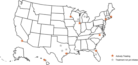 Map of the United States showing active and inactive clinical trial sites in the Lorem Nano Rare Disease Network, marked by orange and gray stars.