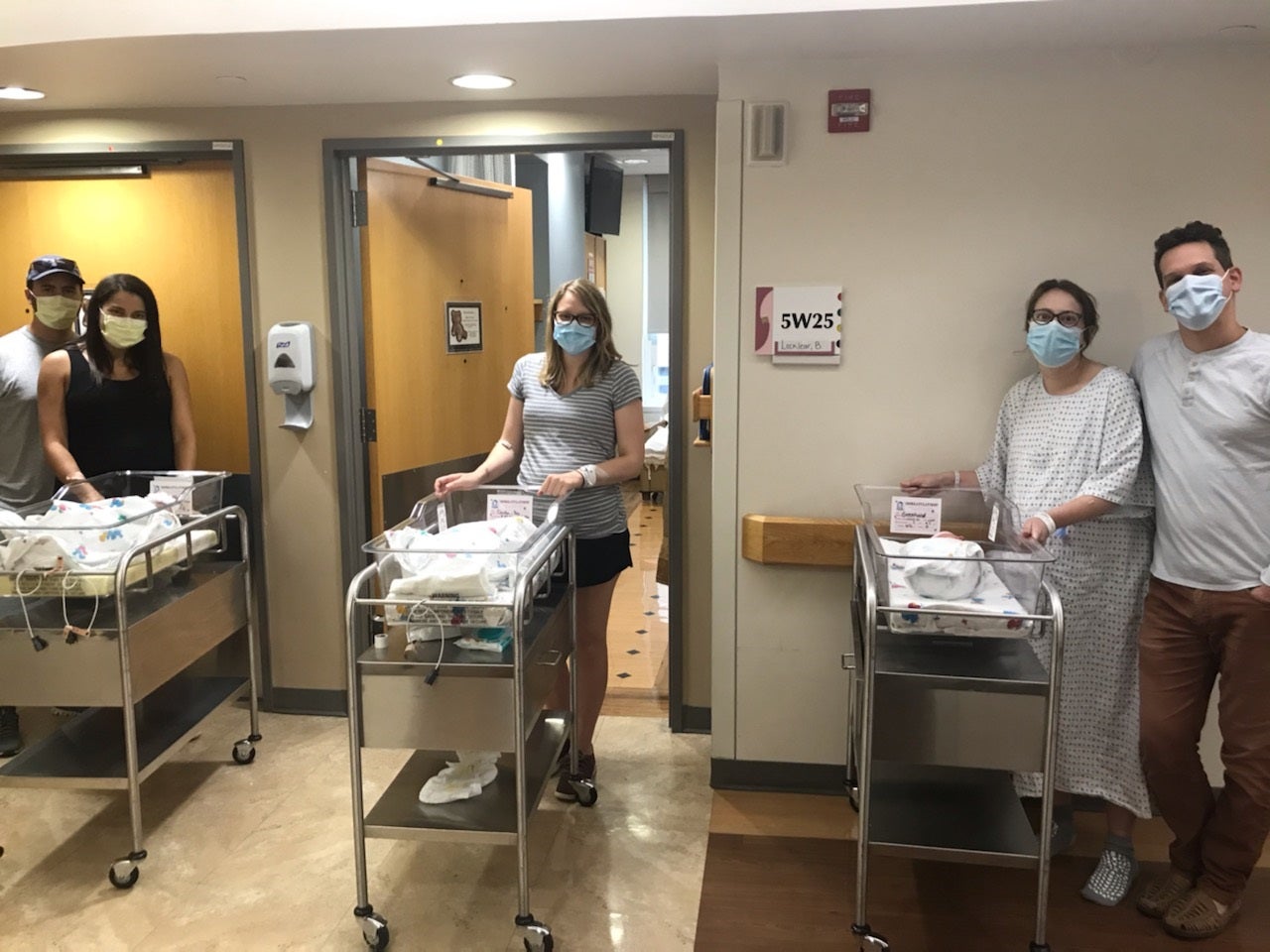 3 out of 11 patients in Centering Group 48 meet in person for the first time on UNC Postpartum Unit in Women’s Hospital on 8/28/20 from left to right: Daniel Connor & Bonnie Locklear, Brooke Csuka and Daniella & Aaron Greenhood