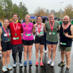 Medical Students (left to right) Taylor Stack, Jake Reed, Sarah Rice, Aly Chura, Emily Summers, and Hank Flynn at the finish line of Race13.1 Durham