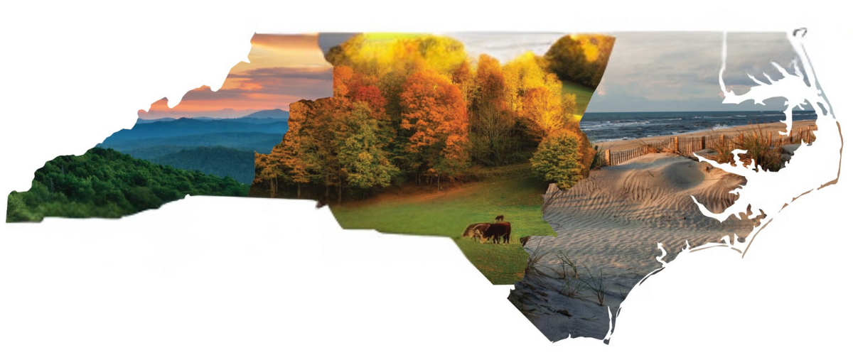 Silhouette of the state of North Carolina filled with scenic photos of mountains, autumn forests, farmland with cows, and coastal dunes.