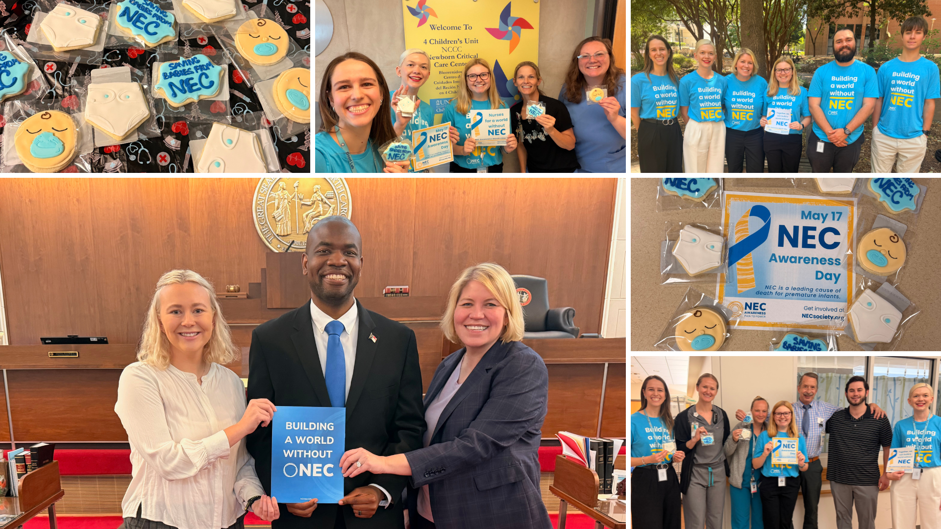 Collage of NEC Awareness Day activities showing UNC Health teams and advocates holding “Building a World Without NEC” signs, decorated cookies, and a gubernatorial letter of recognition.