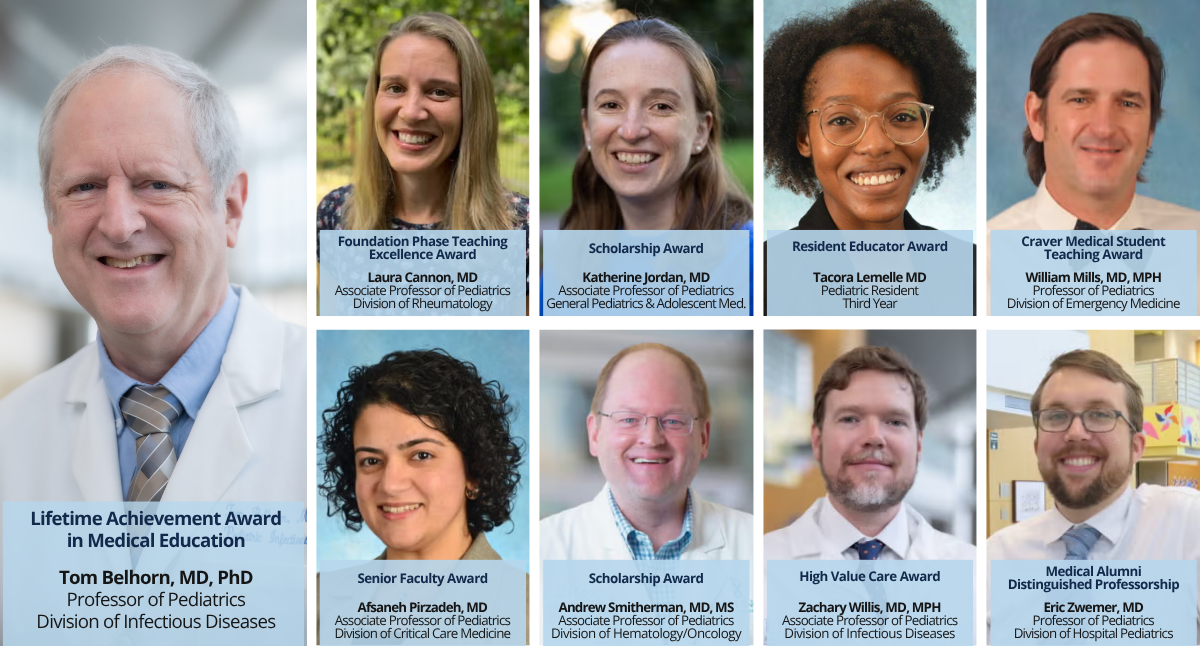 Composite image of pediatric medical education award recipients, featuring headshots of multiple clinicians arranged in a grid with award titles and names.