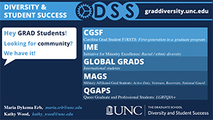 Logo for UNC Graduate School's Diversity and Student Success Program - with info on diversity and community initiatives at UNC. The link goes to the program website at http://graddiversity.unc.edu