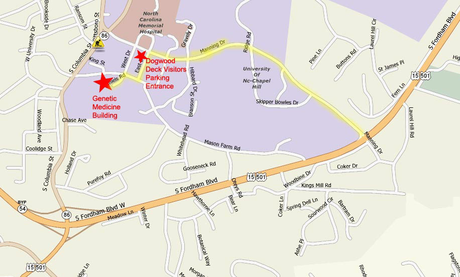 A map of an area from 15-501 to the Genetic Medicine Building highlighting the way to the Dogwood deck parking and from there to the building. in yellow.