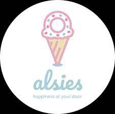 Alsies Ice Cream logo features an ice cream cone with the words "alsies" and "happiness is at your door"