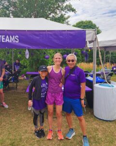 Running RAScals team members, Mimi Baltz, team captain Kirsten Bryant, and Channing Der at the Purple Strider 5K 2024.