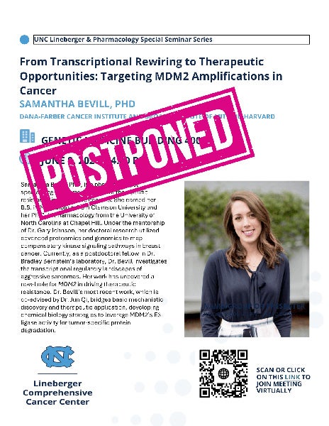 Flyer for POSTPONED June 9, 2026 seminar with Samantha Bevill, PhD, of the Dana-Farber Cancer Institute