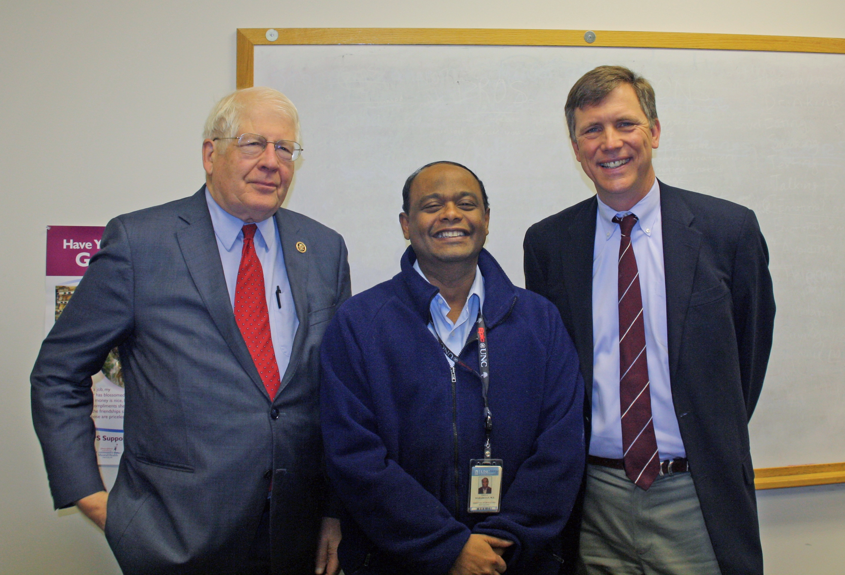 L-R Congressman Price, Thava Mahadevan and John Gilmore, MD