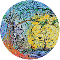 impressionist style artwork with a tree and sun