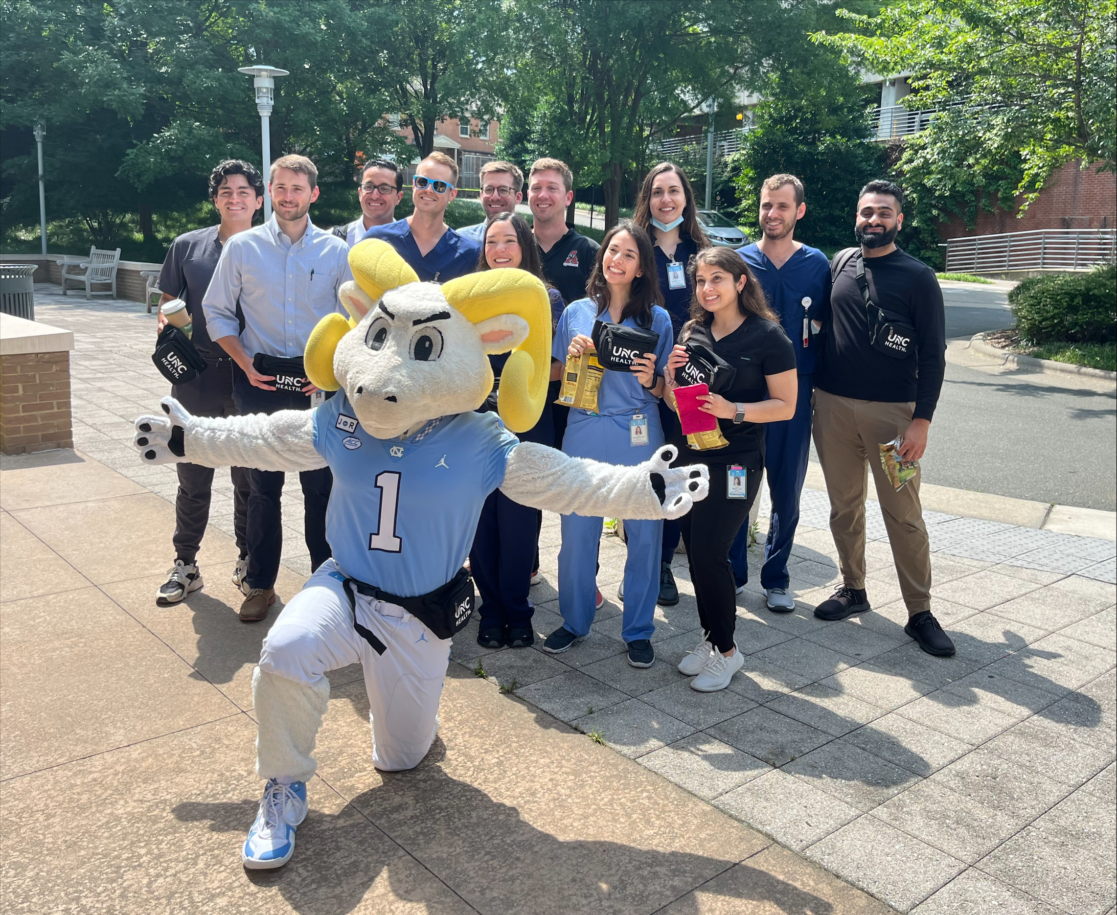 new residents and fellows with the unc mascot ramsy